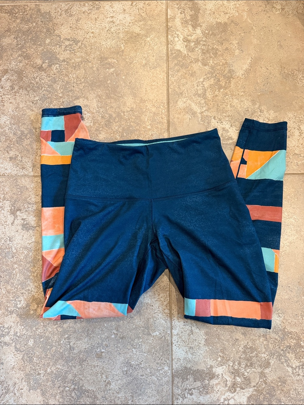 Prana Navy Leggings with Orange and Aqua Geometric Panels